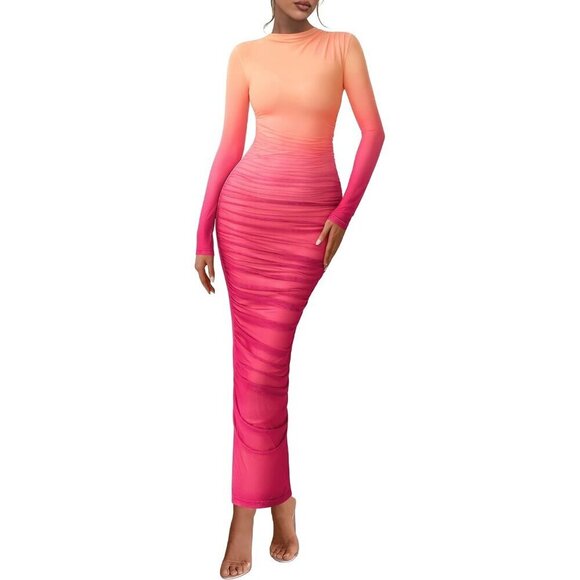 Dresses & Skirts - Women's Gradient Bean Long Sleeve Spring Ruched Bodycon Floral Mesh Maxi Dress